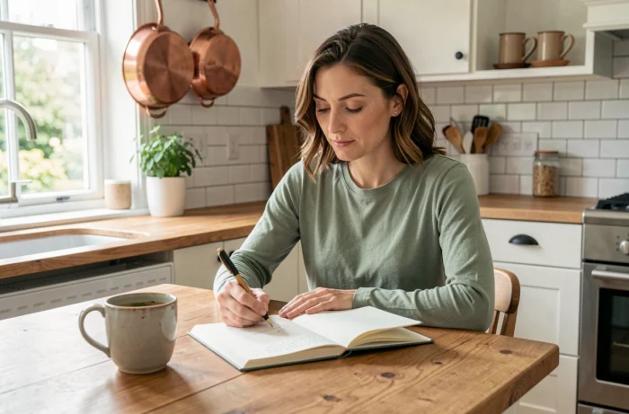 Femme prenant des notes dans un carnet à la cuisine avec une tasse de tisane, symbolisant la prise en charge des symptômes de grossesse