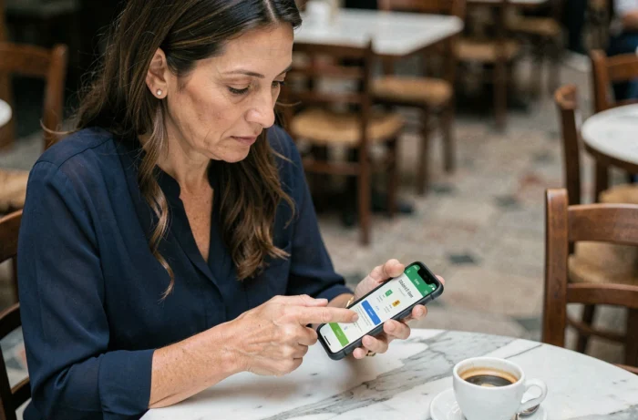 Femme consultant le site DGT Espagne sur smartphone pour régler une amende de circulation dans un café