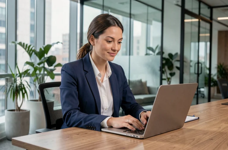 Femme professionnelle travaillant sur un ordinateur portable dans un bureau moderne pour optimiser sa présence en ligne