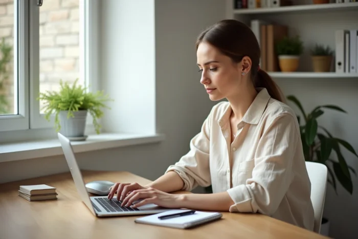 Femme cherchant des annonces immobilières en ligne sur un ordinateur portable dans un bureau à domicile
