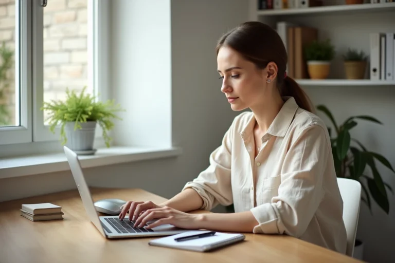 Femme cherchant des annonces immobilières en ligne sur un ordinateur portable dans un bureau à domicile