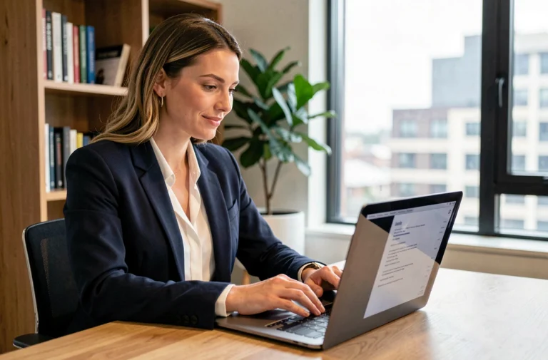Femme professionnelle optimisant son CV sur un ordinateur portable dans un bureau à domicile moderne pour une recherche d'emploi efficace