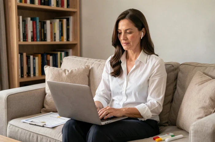 Femme en reconversion professionnelle suivant une formation digitale innovante en ligne depuis son bureau à domicile sans reprendre les études