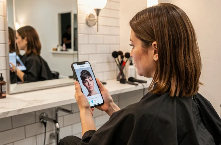 Femme en salon de coiffure testant une nouvelle coupe virtuelle sur son smartphone grâce à une application avant-après coiffure
