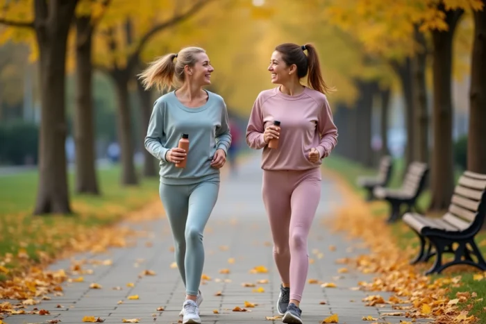 Deux femmes marchant dans un parc urbain en automne en tenue de sport, représentant l'activité physique et le bien-être au quotidien