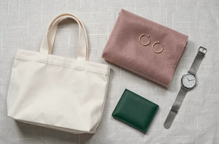 Composition flat-lay d'accessoires de mode tendance : sac toile, foulard cachemire, boucles d'oreilles dorées et porte-cartes en cuir