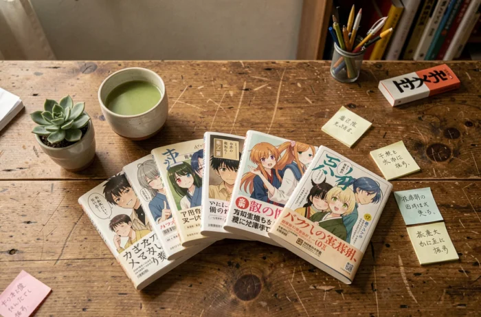 Flat lay de mangas dont les titres commencent par la lettre C sur un bureau en bois avec une tasse de thé matcha