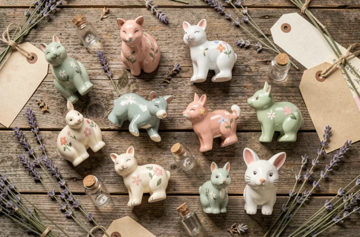 Figurines animaux peintes à la main disposées en flat lay sur bois rustique avec lavande séchée et étiquettes vintage