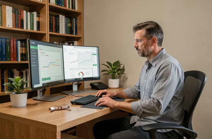 Salarié en formation à distance sur une plateforme e-learning depuis son bureau à domicile