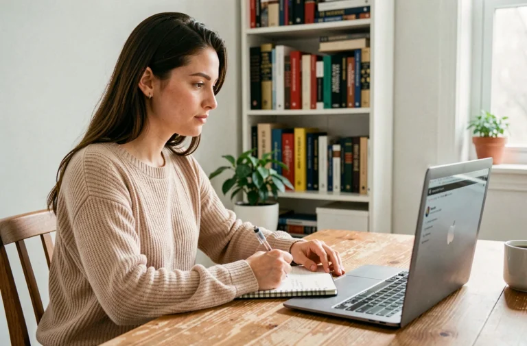 Jeune femme prenant des notes devant son ordinateur portable lors d'une formation en ligne à domicile