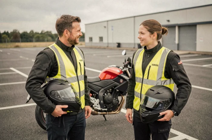Instructeur de moto et élève dans un centre de formation, discutant des règles légales sur le transport de passagers à moto