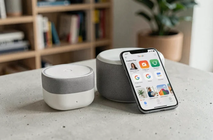 Google Nest Mini, Freebox Pop et application Google Home sur un bureau connecté