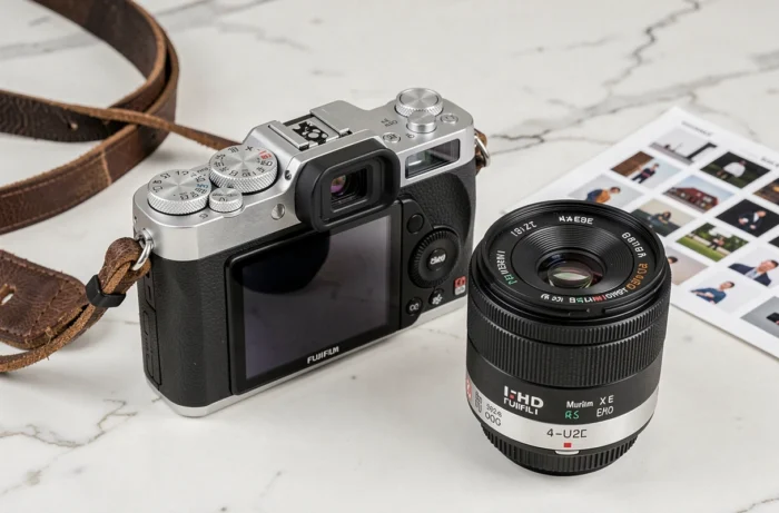 Fujifilm X-E1 avec objectif et accessoires sur marbre blanc, photo de présentation matériel photo