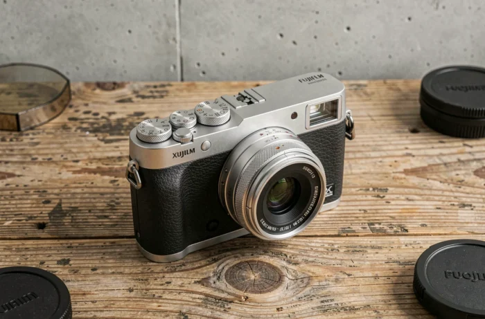Fujifilm X-E1 appareil photo hybride posé sur une table en bois, vue de dessus style éditorial