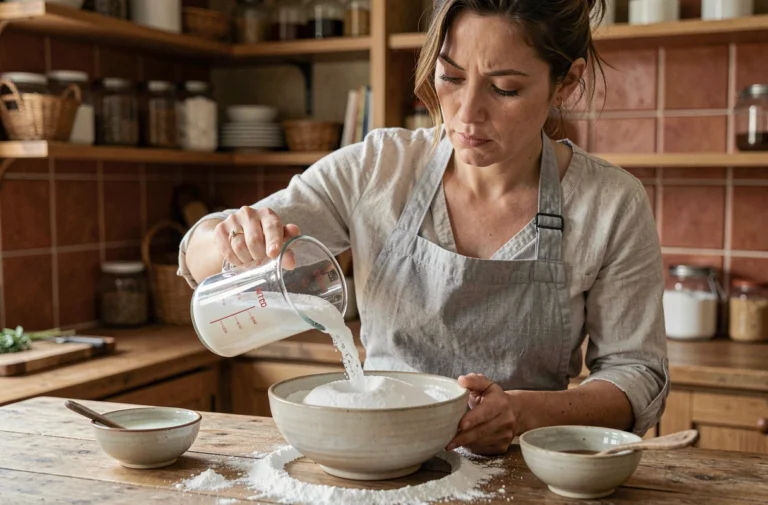 Femme versant du vinaigre sur du bicarbonate de soude dans un bol en céramique pour créer de la fumée à la maison