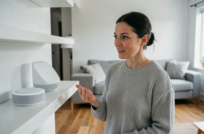 Femme utilisant Google Home et la Freebox Pop dans un salon connecté moderne
