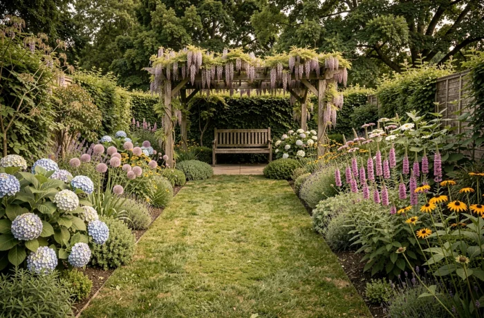 Grand jardin naturel et élégant avec massifs de vivaces, pergola en bois couverte de glycine et pelouse centrale pour un aménagement paysager harmonieux