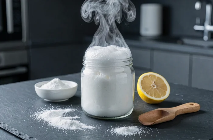 Gros plan d'un bocal en verre débordant de mousse blanche issue d'une réaction au bicarbonate de soude sur un plan de travail ardoise