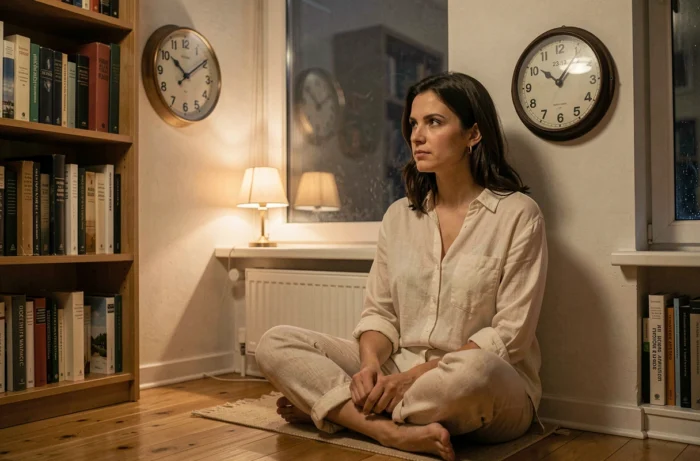 Femme contemplant une horloge affichant 23h13 dans un appartement chaleureux la nuit, symbolisant la numérologie et la spiritualité des heures miroirs