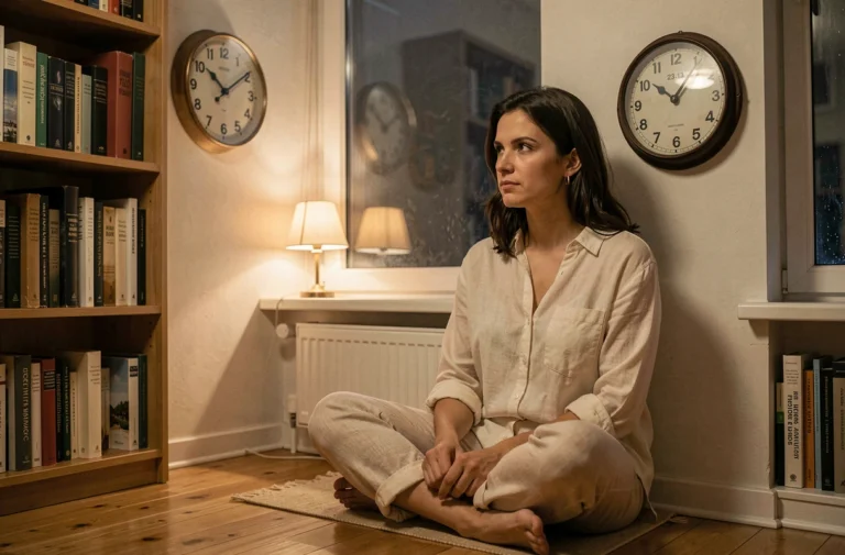 Femme contemplant une horloge affichant 23h13 dans un appartement chaleureux la nuit, symbolisant la numérologie et la spiritualité des heures miroirs