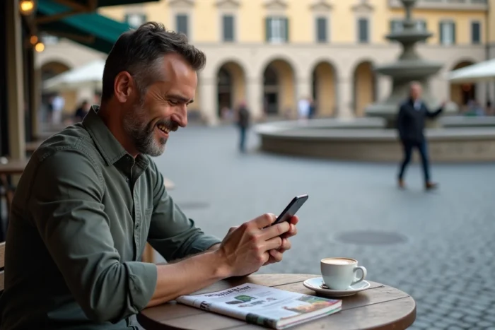 Homme consultant les actualités locales sur son smartphone en terrasse de café