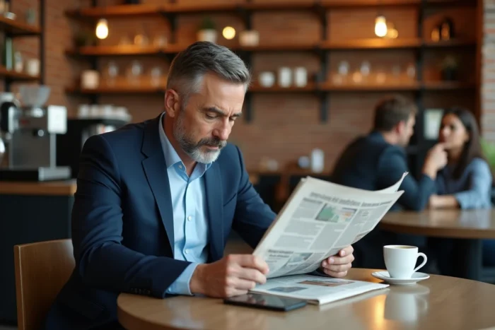 Homme d'affaires lisant un journal économique dans un café urbain élégant