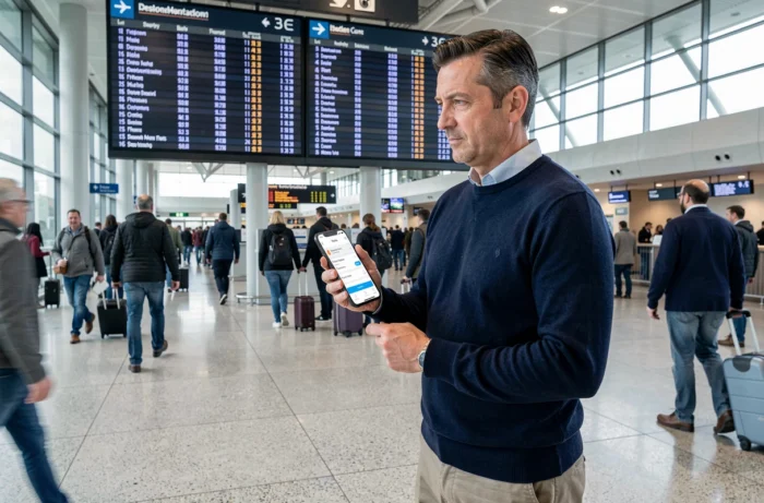 Homme consultant une application de vols flexibles devant un tableau des départs dans un terminal d'aéroport international pour trouver des billets long-courrier moins chers