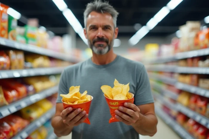 Homme comparant deux paquets de chips dans un rayon de supermarché pour choisir l'option la plus saine