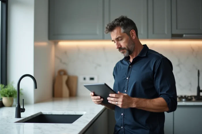 Homme consultant des annonces immobilières sur une tablette dans une cuisine moderne
