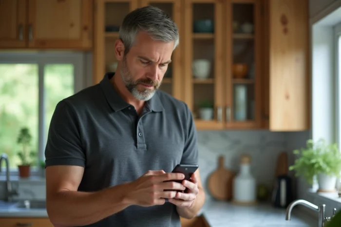 Homme consultant un site web sur smartphone dans une cuisine pour éviter les erreurs en ligne