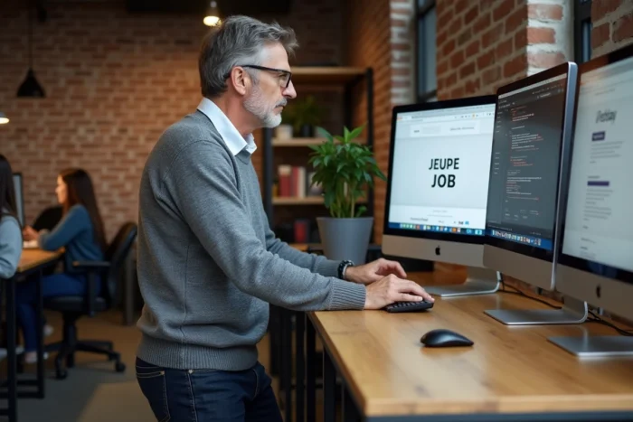 Homme utilisant un ordinateur dans un espace coworking pour naviguer sur un site de recherche d'emploi