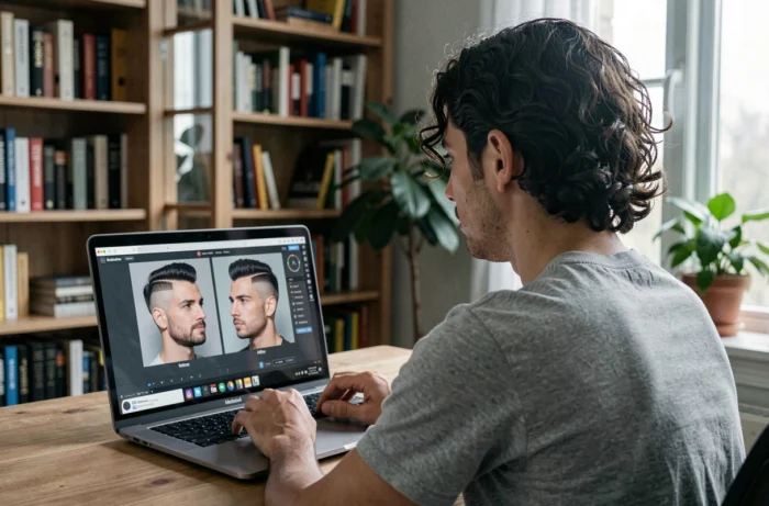 Homme à son bureau utilisant un simulateur de coupe de cheveux avant-après sur ordinateur portable à domicile