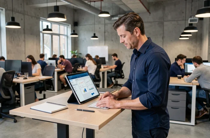 Homme professionnel se formant aux compétences digitales sur tablette dans un espace de coworking moderne, nouvelle méthode d'apprentissage sans études classiques