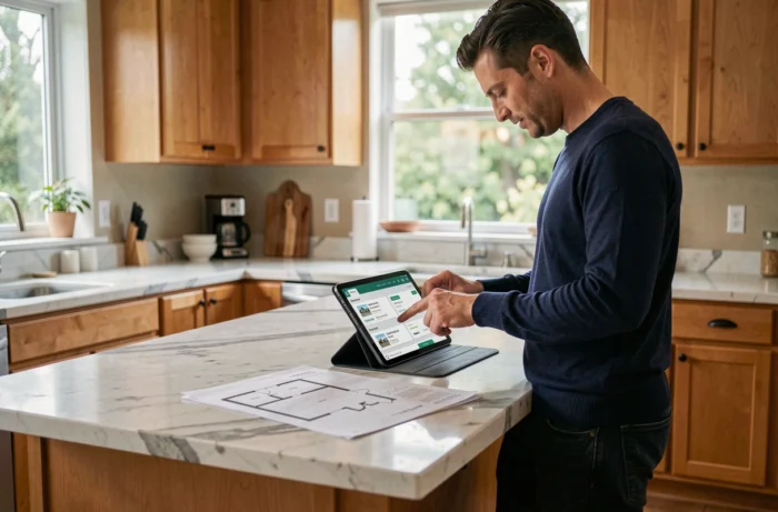 Homme gérant ses biens immobiliers en ligne via une tablette dans une cuisine moderne