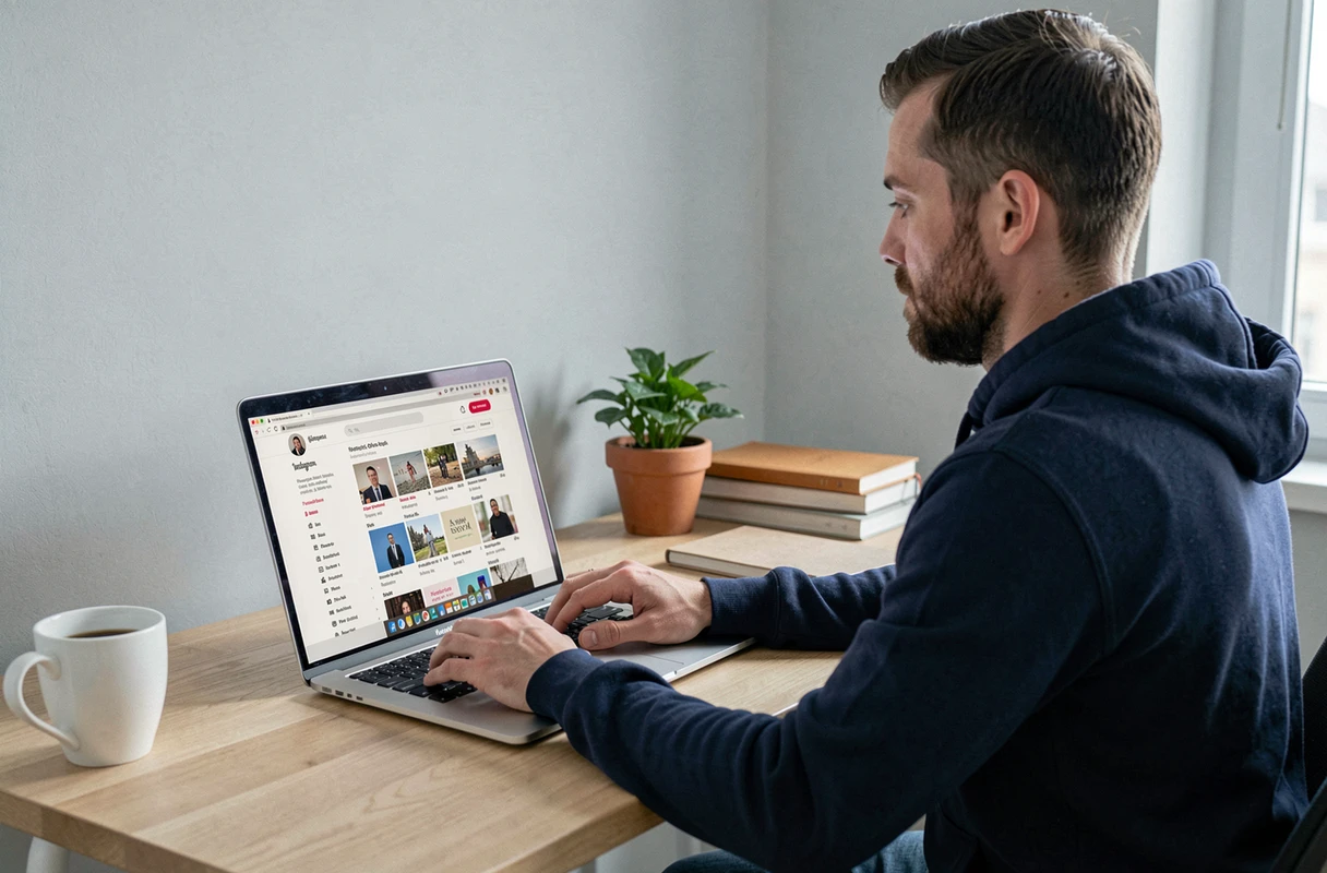 Homme vérifiant les invitations envoyées sur Instagram via l'interface web sur un ordinateur portable à domicile