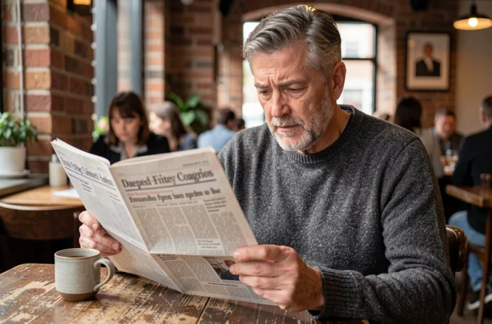 Homme lisant un journal imprimé dans un café parisien animé le matin