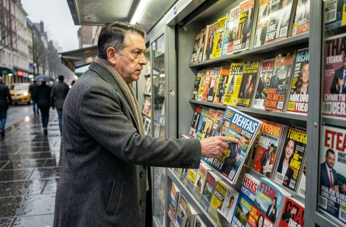 Homme découvrant un magazine insolite à un kiosque à journaux sous la pluie en ville