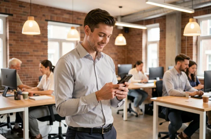 Jeune homme consultant des offres d'emploi sur smartphone dans un espace de co-working moderne lors d'une recherche d'emploi