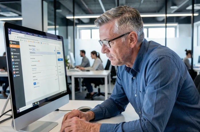 Homme d'affaires analysant les paramètres d'un navigateur Internet sur un grand écran de bureau au bureau