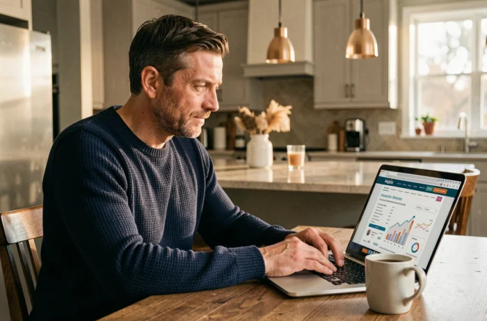 Homme comparant des offres de crédit immobilier en ligne depuis sa cuisine