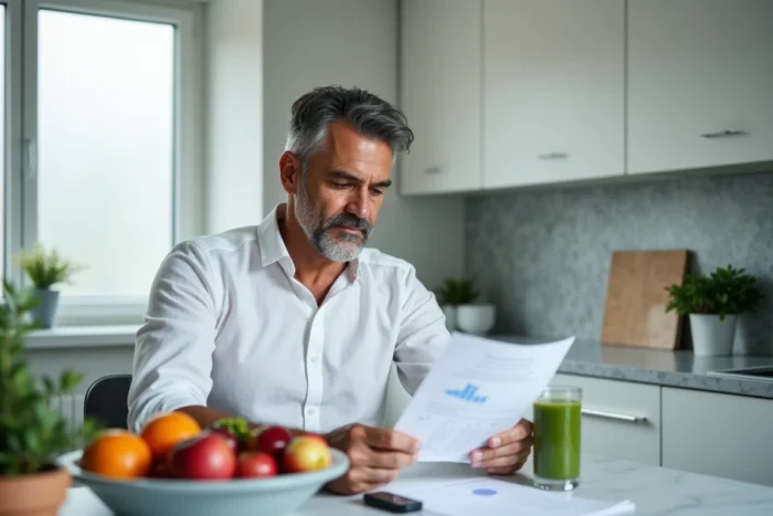 Homme d'âge mûr consultant un bilan de santé à la maison avec fruits frais et traceur de santé connecté, tendances santé 2024