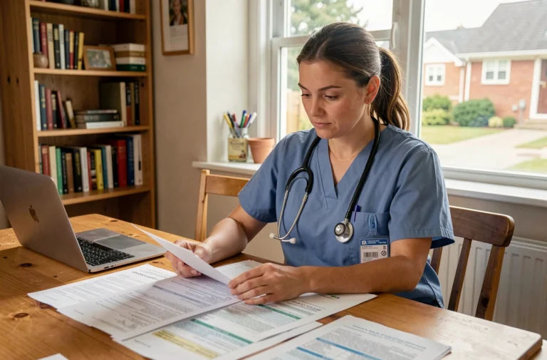 Infirmière libérale en tenue professionnelle consultant des documents d'assurance professionnelle à son bureau à domicile