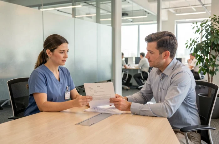 Infirmière libérale en réunion avec un conseiller en assurance professionnelle pour signer un contrat de couverture