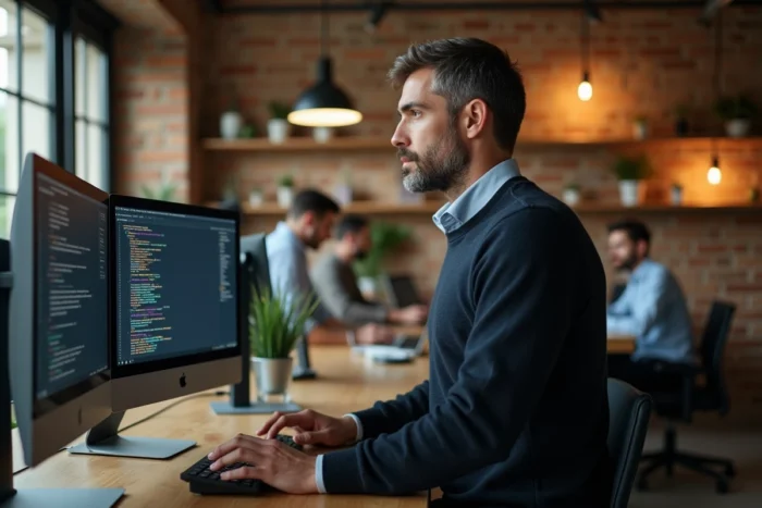 Ingénieur logiciel senior travaillant dans un bureau de startup tech en France, représentant les métiers de l'informatique parmi les plus rémunérateurs du marché