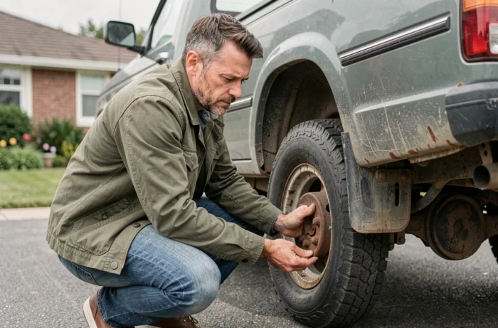 Acheteur inspectant le châssis et la suspension d'un pick-up 4x4 d'occasion lors d'une visite avant achat