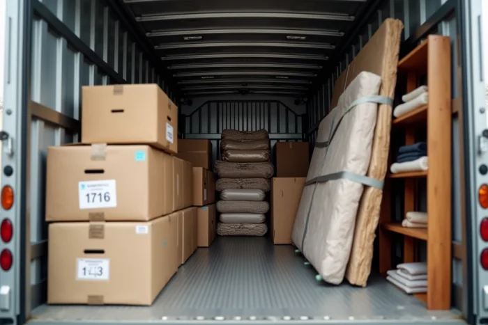 Intérieur d'un camion 10 m3 chargé avec des cartons et meubles lors d'un déménagement, montrant le volume utile optimisé