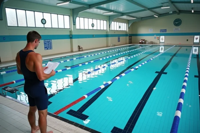 Intérieur de la piscine de Wasquehal avec les couloirs de nage et les horaires de séances affichés