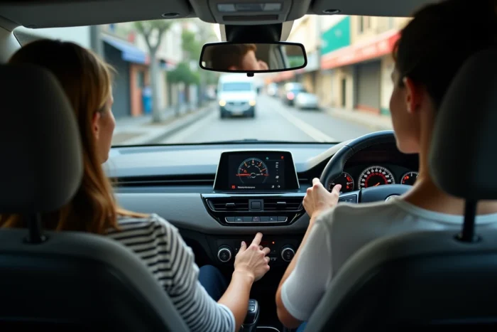Intérieur d'une voiture 90 cv avec conductrice au volant en conditions urbaines