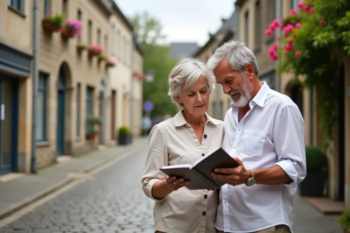 Couple en train d'analyser un investissement immobilier dans les rues historiques de Vannes, Morbihan