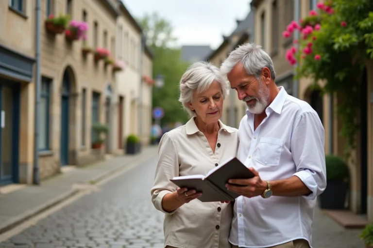 Couple en train d'analyser un investissement immobilier dans les rues historiques de Vannes, Morbihan